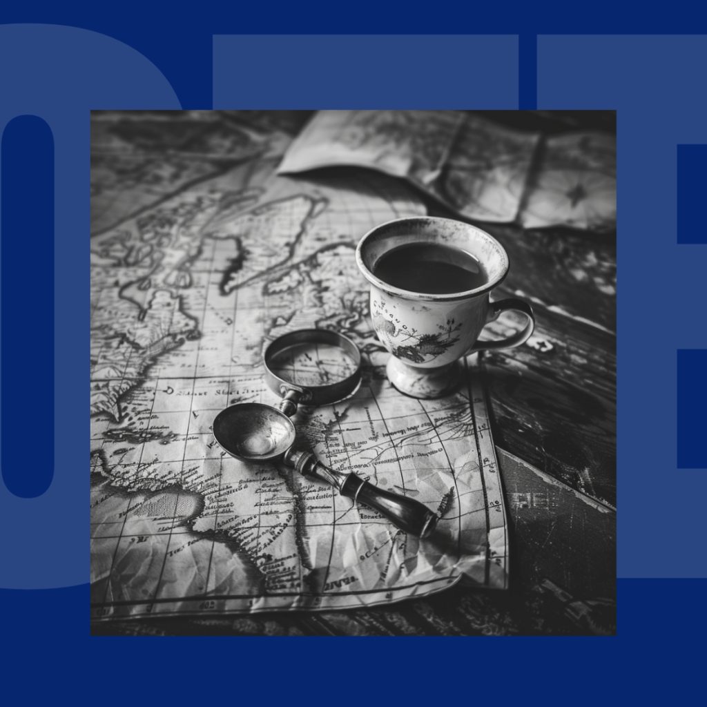 A map and a cup of coffee on a wooden table. Metaphor of “an easy solution and a guide to selecting employees